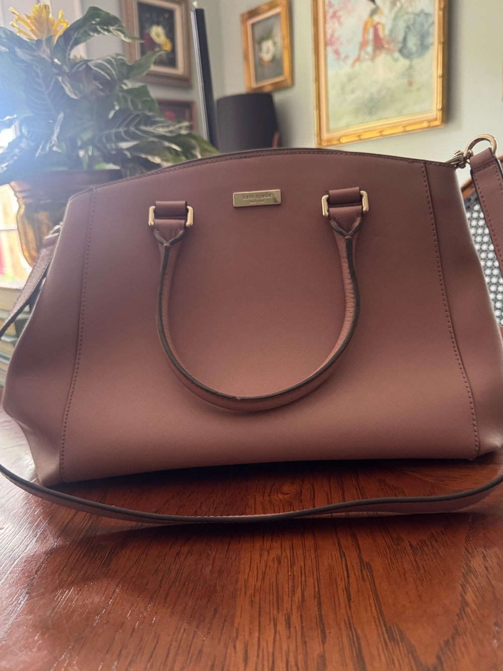 kate spade mauve leather satchel with gold-tone hardware